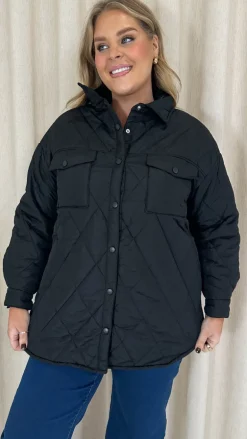 CurveWow Quilted Popper Button Jacket Black