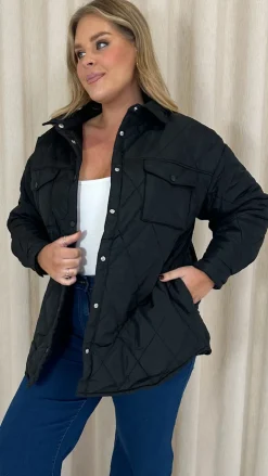 CurveWow Quilted Popper Button Jacket Black