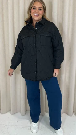 CurveWow Quilted Popper Button Jacket Black