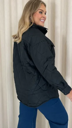 CurveWow Quilted Popper Button Jacket Black