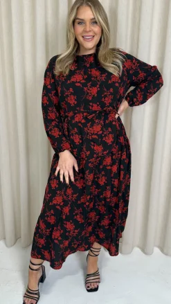 CurveWow Round Neck Tiered Midaxi Dress Red Floral