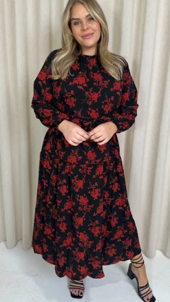 CurveWow Round Neck Tiered Midaxi Dress Red Floral