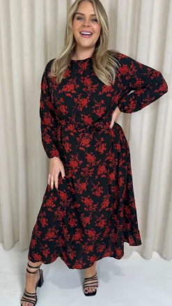CurveWow Round Neck Tiered Midaxi Dress Red Floral