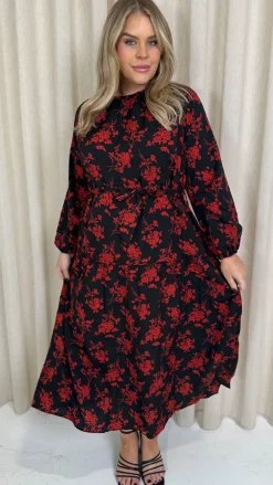 CurveWow Round Neck Tiered Midaxi Dress Red Floral
