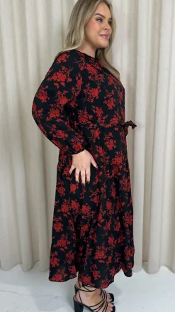 CurveWow Round Neck Tiered Midaxi Dress Red Floral