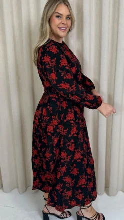 CurveWow Round Neck Tiered Midaxi Dress Red Floral
