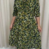 CurveWow Ruched Chest Midi Dress Black/Yellow Floral