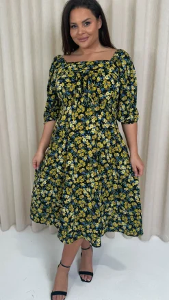 CurveWow Ruched Chest Midi Dress Black/Yellow Floral