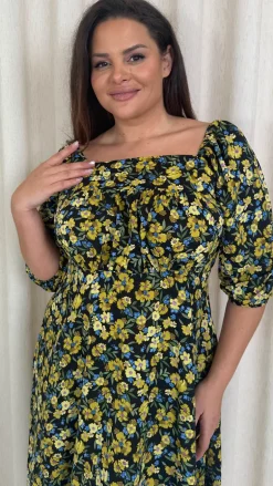 CurveWow Ruched Chest Midi Dress Black/Yellow Floral
