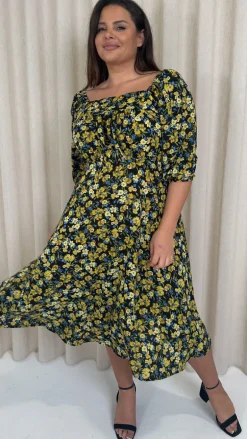 CurveWow Ruched Chest Midi Dress Black/Yellow Floral
