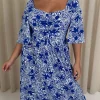 CurveWow Ruched Front Angel Sleeve Maxi Blue/White Floral