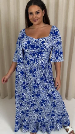 CurveWow Ruched Front Angel Sleeve Maxi Blue/White Floral