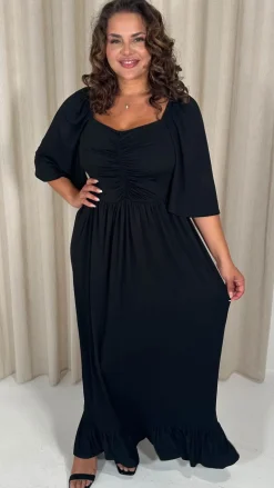 CurveWow Ruched Front Angel Sleeve Maxi Dress Black
