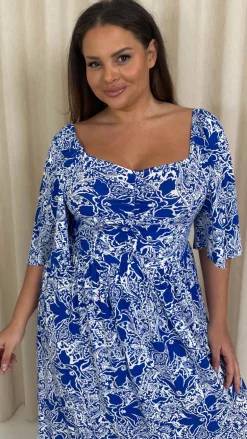 CurveWow Ruched Front Angel Sleeve Maxi Blue/White Floral