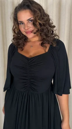 CurveWow Ruched Front Angel Sleeve Maxi Dress Black