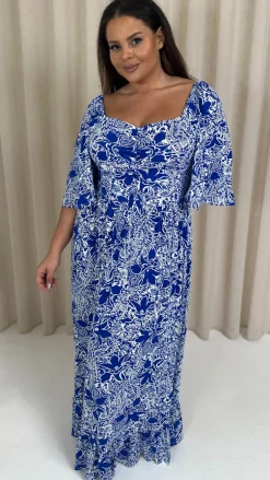 CurveWow Ruched Front Angel Sleeve Maxi Blue/White Floral