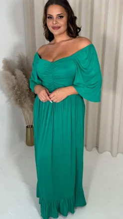 CurveWow Ruched Front Angel Sleeve Maxi Dress Green