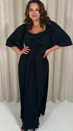 CurveWow Ruched Front Angel Sleeve Maxi Dress Black