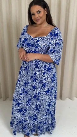 CurveWow Ruched Front Angel Sleeve Maxi Blue/White Floral
