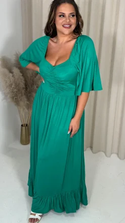 CurveWow Ruched Front Angel Sleeve Maxi Dress Green