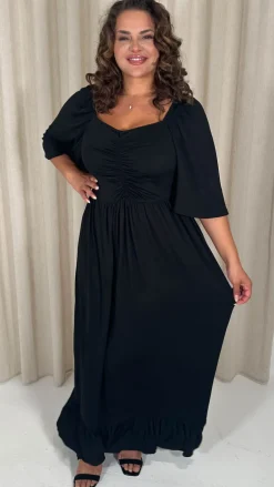 CurveWow Ruched Front Angel Sleeve Maxi Dress Black