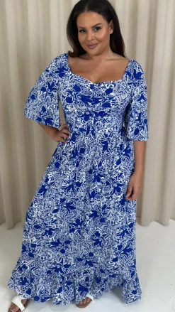 CurveWow Ruched Front Angel Sleeve Maxi Blue/White Floral