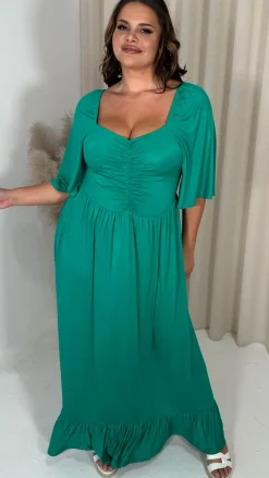 CurveWow Ruched Front Angel Sleeve Maxi Dress Green