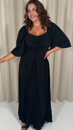 CurveWow Ruched Front Angel Sleeve Maxi Dress Black