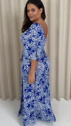 CurveWow Ruched Front Angel Sleeve Maxi Blue/White Floral