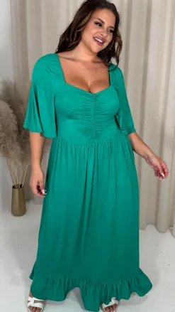 CurveWow Ruched Front Angel Sleeve Maxi Dress Green