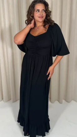 CurveWow Ruched Front Angel Sleeve Maxi Dress Black
