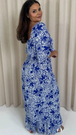 CurveWow Ruched Front Angel Sleeve Maxi Blue/White Floral
