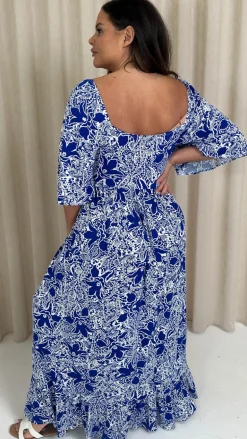 CurveWow Ruched Front Angel Sleeve Maxi Blue/White Floral