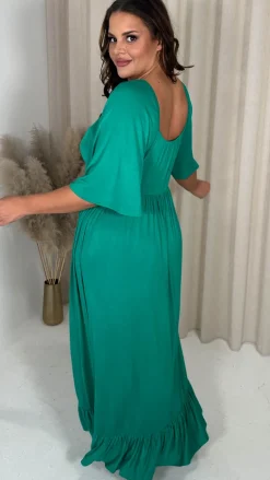 CurveWow Ruched Front Angel Sleeve Maxi Dress Green