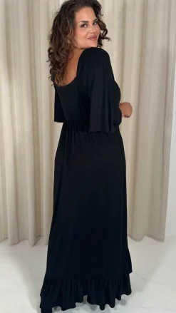 CurveWow Ruched Front Angel Sleeve Maxi Dress Black