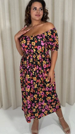 CurveWow Ruched Front Milk Maid Midi Dress Floral