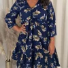 CurveWow Ruched Front Tiered Hem Dress Navy Floral