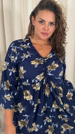 CurveWow Ruched Front Tiered Hem Dress Navy Floral