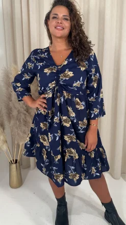 CurveWow Ruched Front Tiered Hem Dress Navy Floral