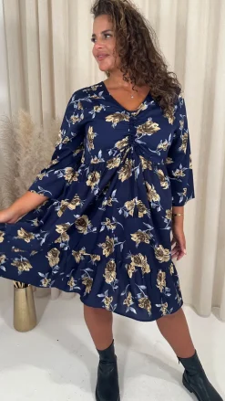 CurveWow Ruched Front Tiered Hem Dress Navy Floral