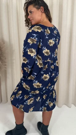 CurveWow Ruched Front Tiered Hem Dress Navy Floral