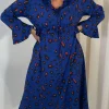CurveWow Ruffle Button Front Flare Sleeve Midi Dress Blue Animal