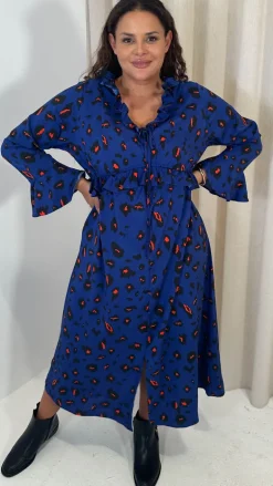 CurveWow Ruffle Button Front Flare Sleeve Midi Dress Blue Animal