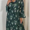 CurveWow Ruffle Button Front Flare Sleeve Midi Dress Green Floral