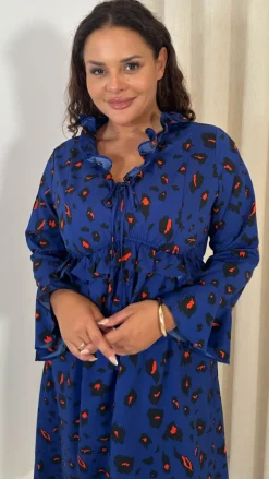 CurveWow Ruffle Button Front Flare Sleeve Midi Dress Blue Animal