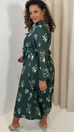 CurveWow Ruffle Button Front Flare Sleeve Midi Dress Green Floral