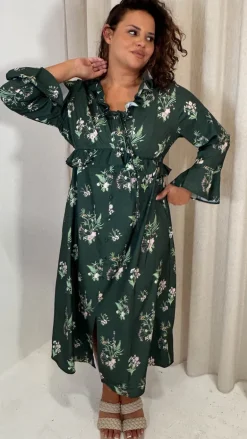 CurveWow Ruffle Button Front Flare Sleeve Midi Dress Green Floral