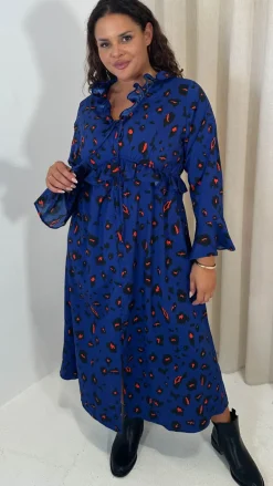 CurveWow Ruffle Button Front Flare Sleeve Midi Dress Blue Animal
