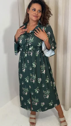 CurveWow Ruffle Button Front Flare Sleeve Midi Dress Green Floral