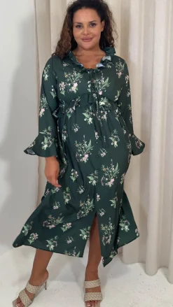 CurveWow Ruffle Button Front Flare Sleeve Midi Dress Green Floral
